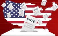 An illustration of a map of the USA combined with a flurry of ballots.